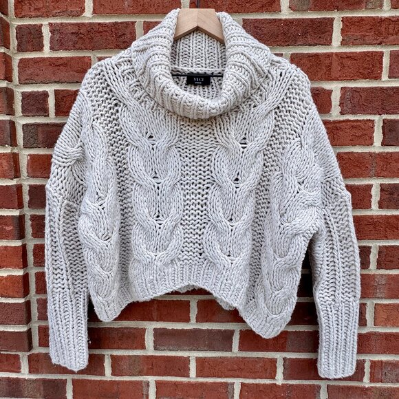 Vici Sweaters - Vici Chunky Cable Knit Sweater Small Cream Cowl Neck Cropped Fisherman